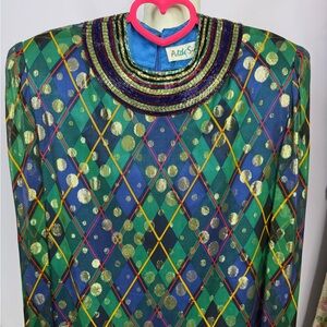 Vintage Adele Simpson Green & Blue Plaid & Polka Dots Beaded Dress